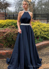 A-line/Princess High-Neck Sleeveless Sweep Train Satin Prom Dresses With Waistband Beading